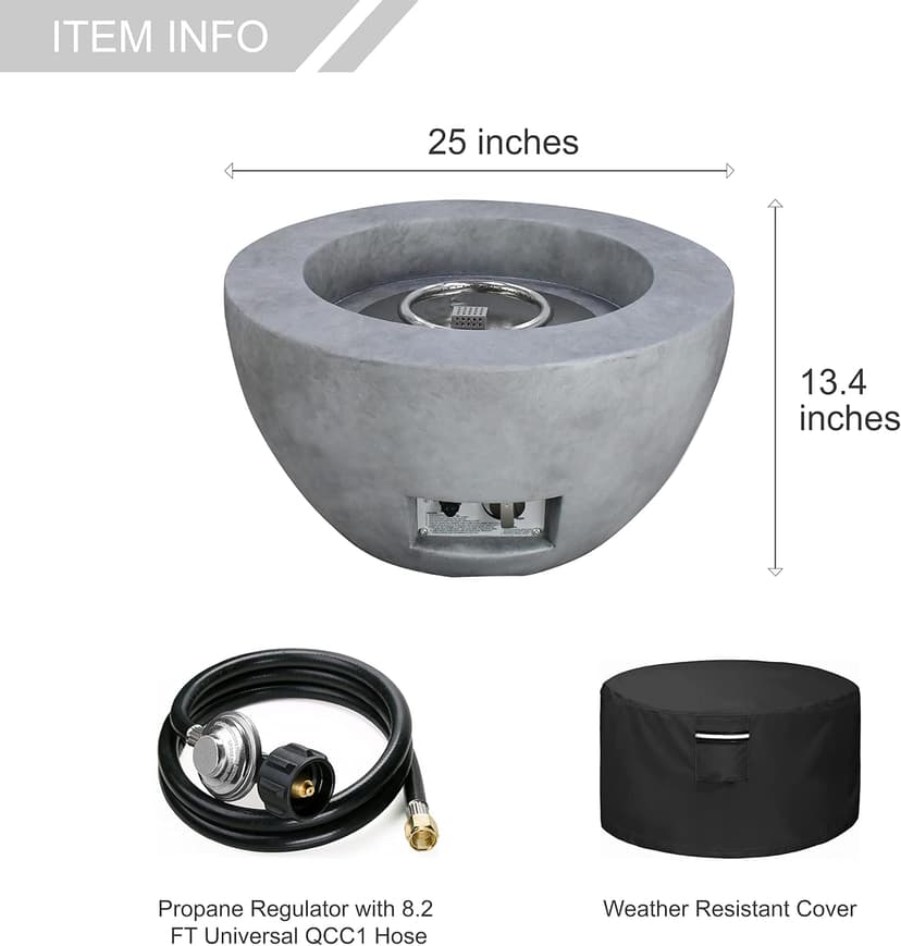 Kante 25 Inch Propane Fire Table, 50,000 BTU Large Concrete Fire Pit Table for Outdoor Garden Patio, Smokeless Gas Fire Pit with Waterproof Cover, Side Handles, Concrete (A-B01-80021)