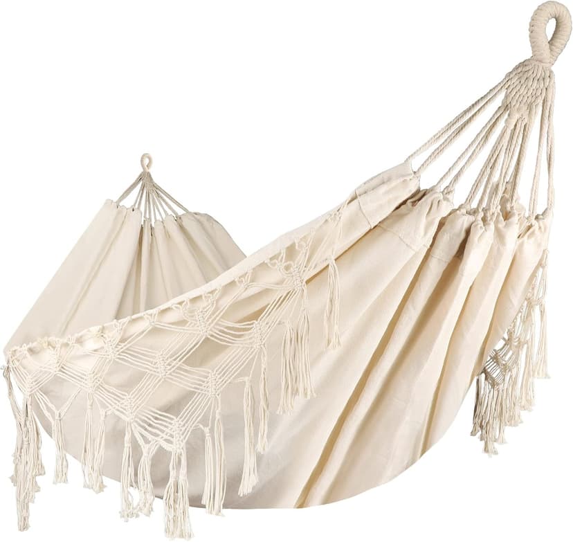 Bellzacasa Double Hammock, Heavy Duty 500 lb Load Capacity Tassels and Fishtail Knitting with Mounting Straps for Outdoor Camping Patio Balcony Beige