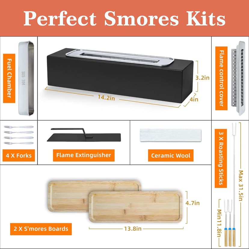 Tabletop Fire Pit with Smores Kit, Table Top Firepit Smores Maker, Portable Outdoor Fireplace Tabletop, Decor Home Patio Gifts for Women Mom Him Men - Mothers Day White Elephant Unique Gift, Black