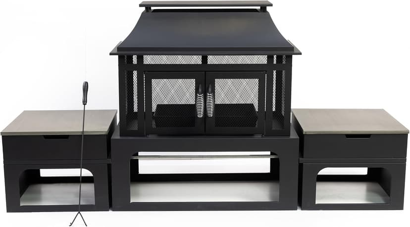 70 Inch Rectangular Outdoor Fireplace - Steel Woodburning Fireplace with Side Tables - Fire Place with Integrated Log Storage and Log Poker - Durable Fireplace for Patio Backyard