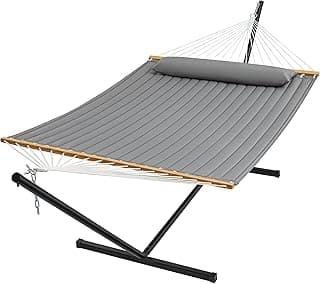 SUPERJARE Hammock with Stand, 2 Person Quilted Outdoor Hammock, Detachable Pillow & Bamboo Spreaders, Portable Hammock with Carrying Bag, Heavy Duty Stand, Perfect for Outside, Patio, Gray