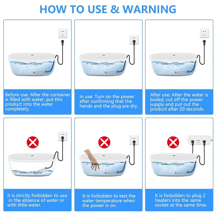 2000W Immersion Water Heater Electric, Portable Bucket Heater with 304 S S, Submersible Bathtub Pool Heater with LCD Thermometer Heats up to 5 Gallons of Water in Minutes