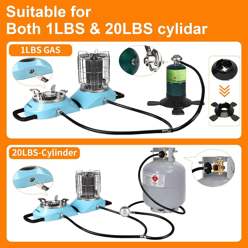 2 in 1 Foldable Propane Heater and Stove, 11000 BTU Portable Propane Heater & 5100BTU Gas stove Suitable for 1LB & 20LB Gas Cylinder,for Patio, Camping, Tent, Ice Fishing, Hunting