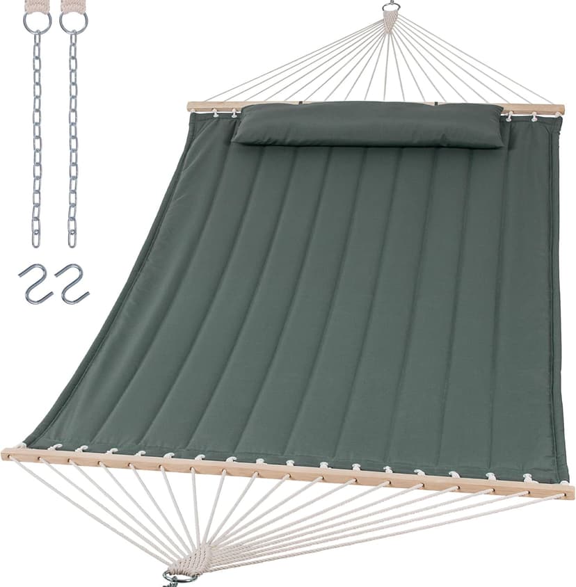SUNCREAT Double Hammock for 2 Person, Extra Large Outdoor Portable Hammock with Hardwood Spreader Bar, Soft Pillow, 475 lbs Capacity, Gray Green