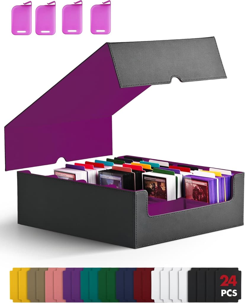 ZLCA Card Storage Box for MTG PTCG, Commander Deck Box Holds 3000+ Cards, Card Storage Case with 4 Stoppers, Card Organizer for TCG Sport Cards(Black&Purple)