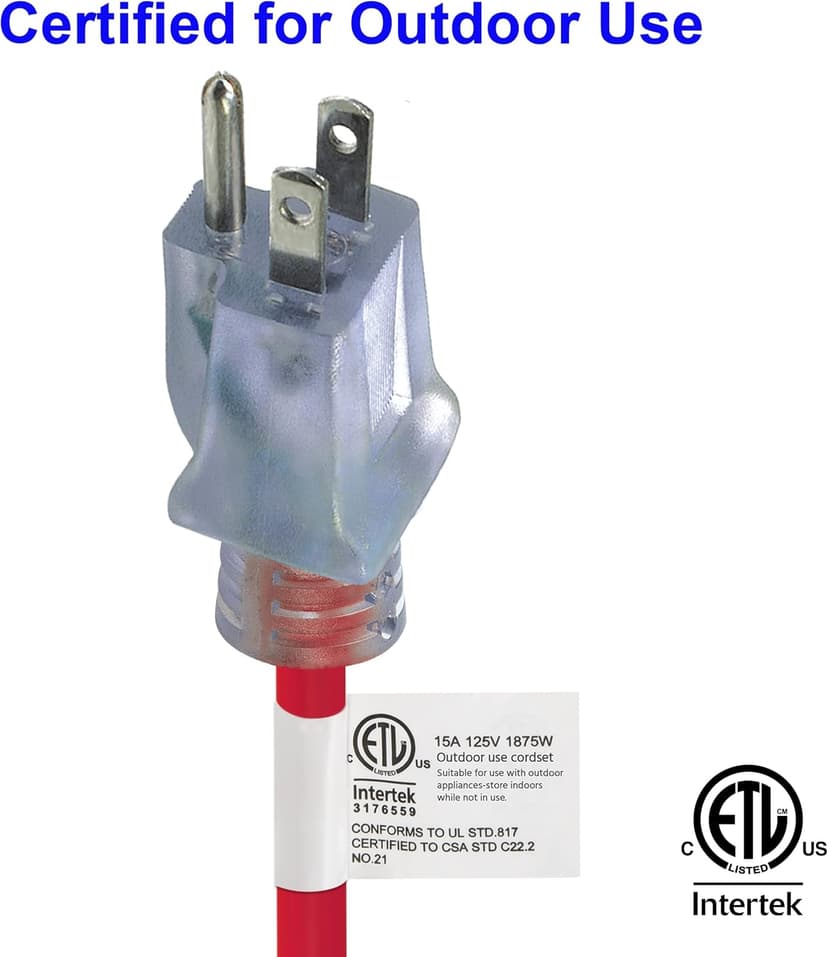 Clear Power 50 ft Heavy Duty Extreme Cold Weather Outdoor Extension Cord 12/3 SJTW, Lighted Connector, Red, Water & Weather Resistant Flame Retardant, 3 Prong Grounded Plug, DCOC-0107-DC
