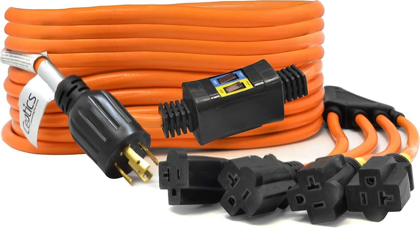 Ceptics GN-CD-1-50 GN-CD-2-50 L14-30P to NEMA 5-15/20R Generator Distribution Power Cord (50', Switch Breaker) -Industrial Grade, Heavy Duty (5 Year Warranty), 50 Feet, Orange, Ft