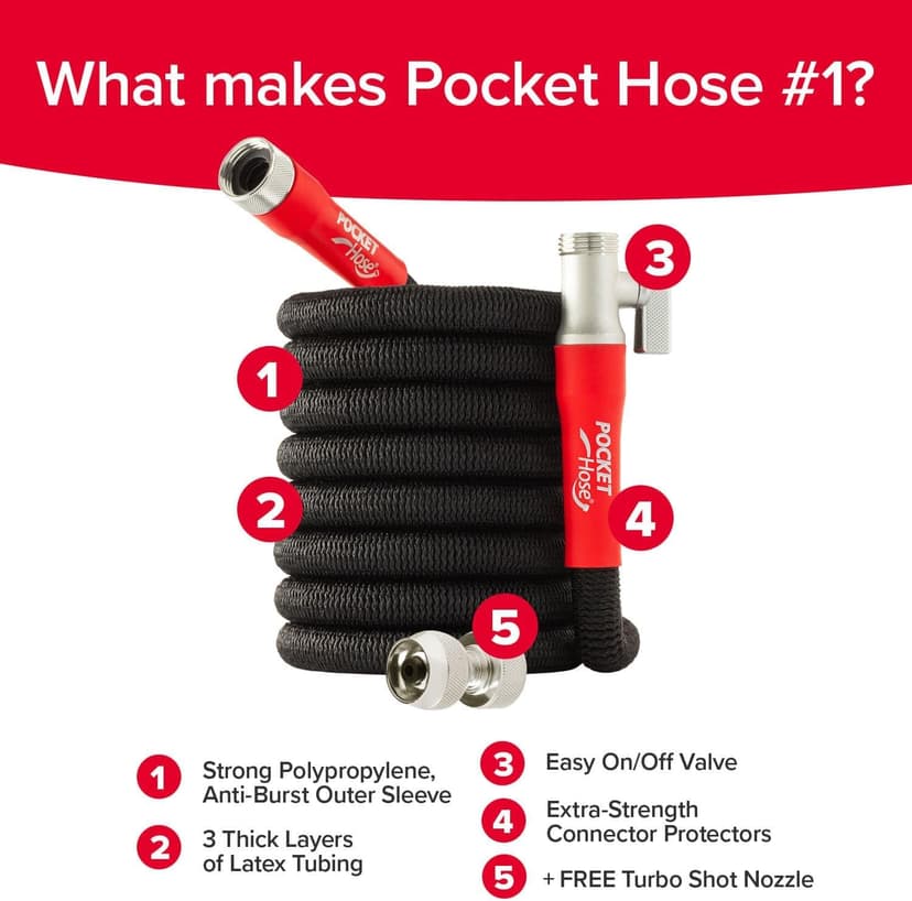 Pocket Hose Silver Bullet 2.0 Expandable Garden Hose 25-FT with Turbo Shot Nozzle, AS-SEEN-ON-TV, Lead-Free, Solid Aluminum Connectors, Easy On/Off Valve, Kink-Free, Leak-Proof