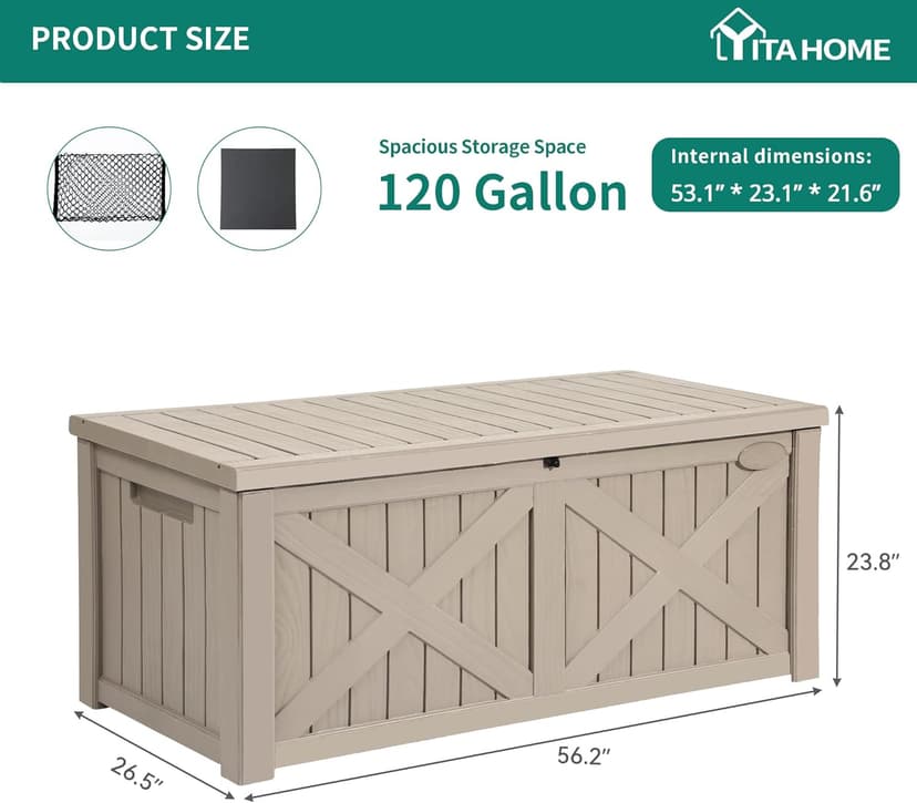 YITAHOME 120 Gallon Large Deck Box, Upgraded Resin Outdoor Storage Boxes w/Flexible Divider, Waterproof Cushion Storage Bench for Patio Furniture, Pool Supplies, Garden Tools - Lockable, Light Brown