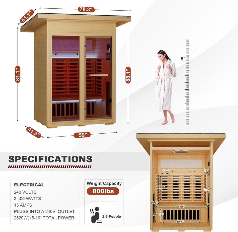 Infrared Sauna, Full-Spectrum Infrared Outdoor Saunas for Home - Dry Heat Sauna, Wooden Sauna Room with Beauty Lamp (Outdoor Sauna 2 Person)