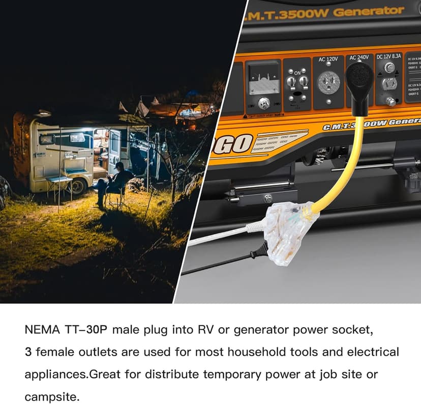 30 Amp to 110V 20 Amp RV Distribution Adapter,NEMA TT-30P Male to 3X 5-20R/15R Female,30 Amp to 15 Amp RV Adapter Extension Cord,3-prong to LIT 3-Way Outlet Splitter for RV Generators with Lighted End