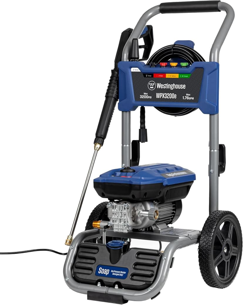 Westinghouse WPX3200e Electric Pressure Washer, 3200 PSI and 1.76 Max GPM, Induction Motor, Onboard Soap Tank, Spray Gun and Wand, 5 Nozzle Set, for Cars/Fences/Driveways/Homes/Patios/Furniture, Blue