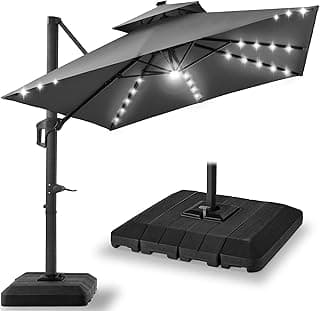Best Choice Products 10x10ft Cantilever Patio Umbrella w/Base Included, Solar LED Lights 360 Rotation Large Offset Hanging Outdoor Shade for Deck Pool Backyard w/Stand – Gray