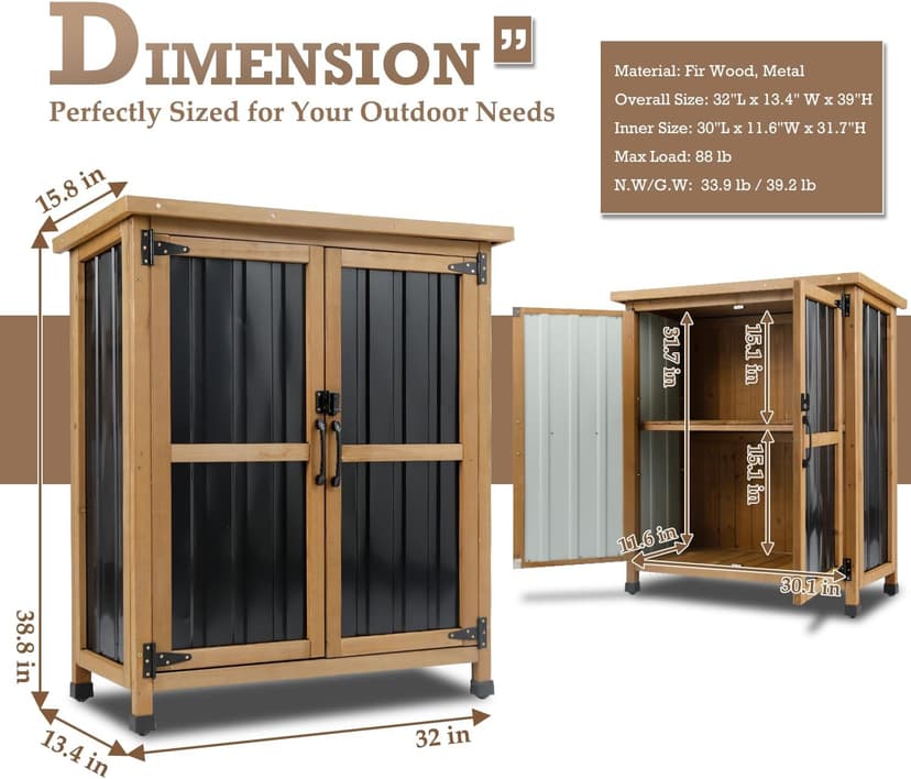 Outdoor Storage Cabinet, Weatherproof Horizontal Storage Shed Box with Lockable Doors, Wood & Metal Patio Backyard Organizer for Lawn Equipment, Gardening Tools, Pool Accessories Yard Supplies