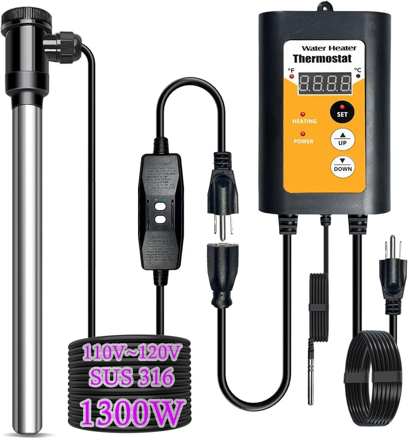 1300W 110-120V Submersible Immersion Water Heater - Portable Bucket Heater for Hot Tubs/Bathtubs/Small Pools, 316SS GFCI Leakage Protection Plug Water Heater with Adjustable Temp & Rustproof