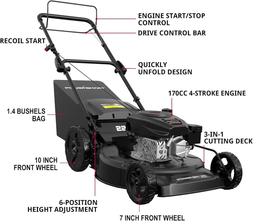 PowerSmart Self Propelled Gas Lawn Mower, 22 in. with 170cc OHV Engine, 3-in-1 Rear-Wheel-Drive High Wheels, Black