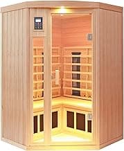 Ceramic Infrared Sauna 2-3 Person Far Infrared Saunas for Home Low EMF Indoor Home Sauna Hemlock Wooden Corner Sauna Room w/Bluetooth Speaker, LED Reading Lamp, Chromotherapy Light