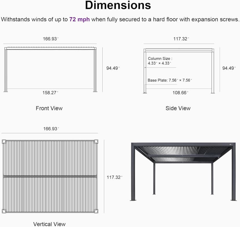 PURPLE LEAF LED Louvered Pergola 94AS 10'x 14' Full Aluminum Frame and Adjustable Roof Integrated Strip Lights for Outdoor Deck Garden Patio Gray Hardtop Gazebo Pergola