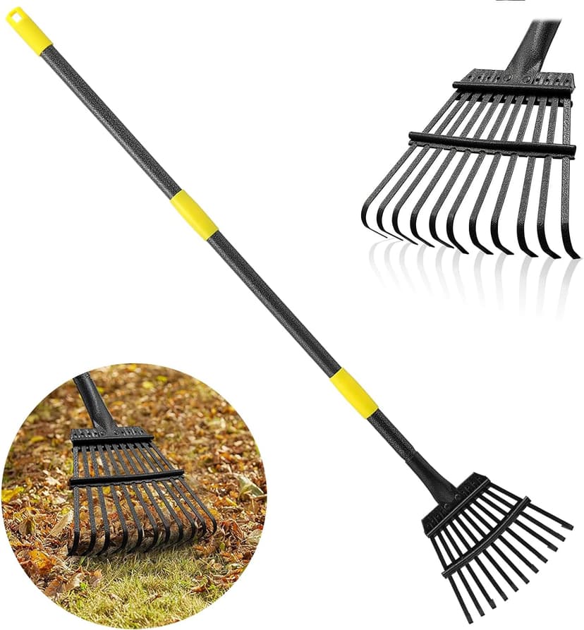 Rake, Garden Leaf Rakes for Lawns Heavy Duty, Yard Metal Rake Tools with 9" Small Narrow Rake Head, 65” Adjustable Long Handle, 11 Steel Tines, Quick Clean up Rake for Shrub, Flower Bed, Camping