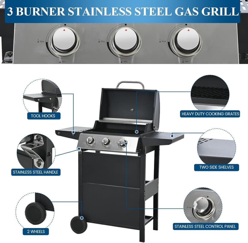 Gas Grill, Stainless Steel 30,000 BTU Patio Garden Barbecue Grill, 3 burner propane grill with Top Cover Lid, Wheels, and 2 Side Shelves, for Outdoor Patio Garden Picnic Back