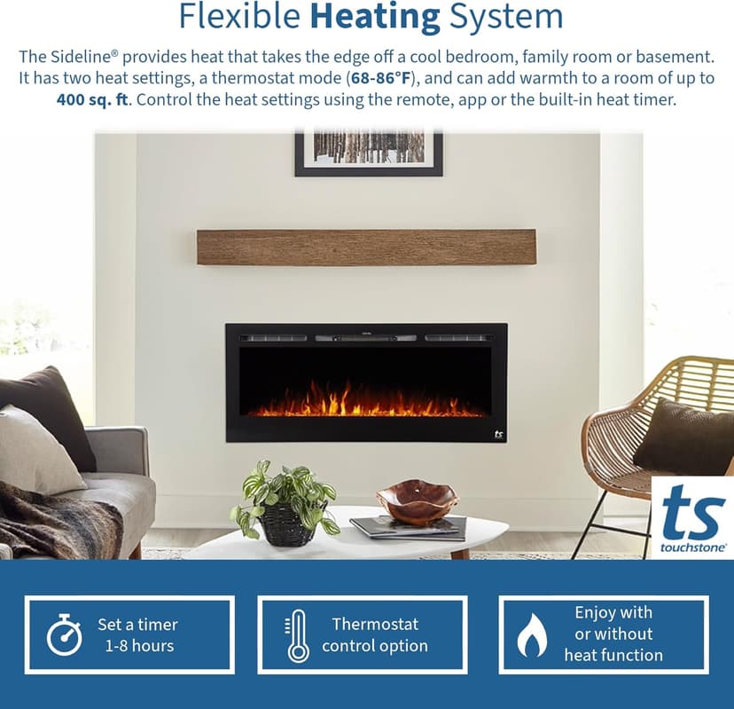 Touchstone Smart Electric Fireplace-The Sideline 50" Wide-in Wall Recessed - 30 Realistic Ember Color/Flame Options - 1,500W Heater w/Thermostat - Log & Crystal Hearth Options - Alexa/WiFi Enabled