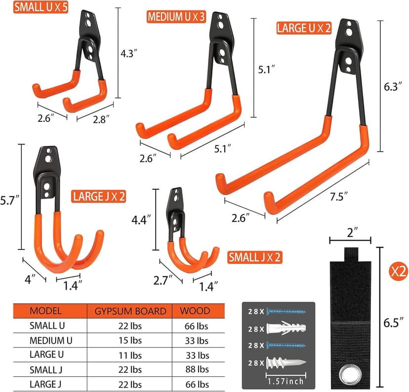 Heavy Duty Steel Hooks, 16 Pack with Anti-Slip Coating - Utility Wall Mount Garage Storage for Hanging Bike, Ladder and Garden Tools