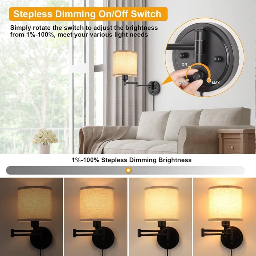 ENCOMLI Dimmable Plug in Wall Sconces, Swing Arm Wall Lamp, Wall Sconces Set of Two, Plug in Wall Light, Sconces Wall Decor Set of 2, Linen Fabric Shade, 2pcs Bulbs Included