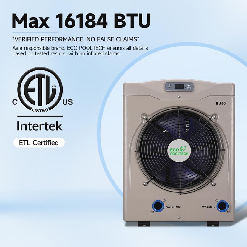 Above Ground Pool Heater EU50, Max 16184BTU Up to 5000gallons Electric Swimming Pool Heat Pumps, Titanium Heat Exchanger, 5.62 COP, 110V/120V, Fits 8/11/15 Foot Pools Heating Pool Warmer