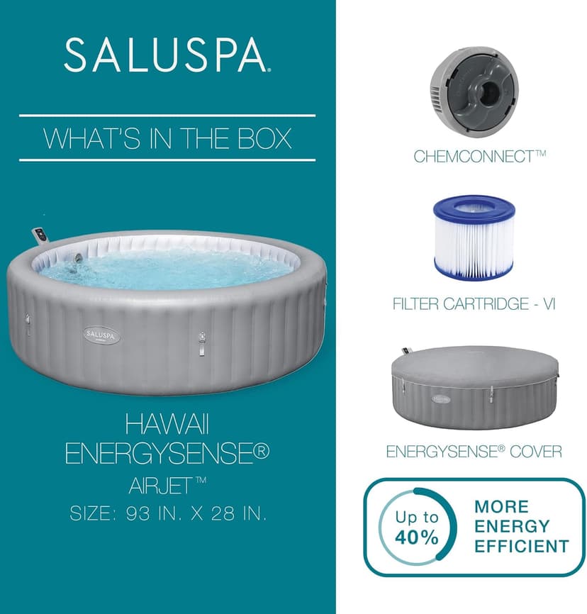 Bestway SaluSpa Hawaii Smart AirJet Inflatable Hot Tub Round Portable 6 to 8 Person Spa with 190 AirJets, App Control and EnergySense Cover, Grey