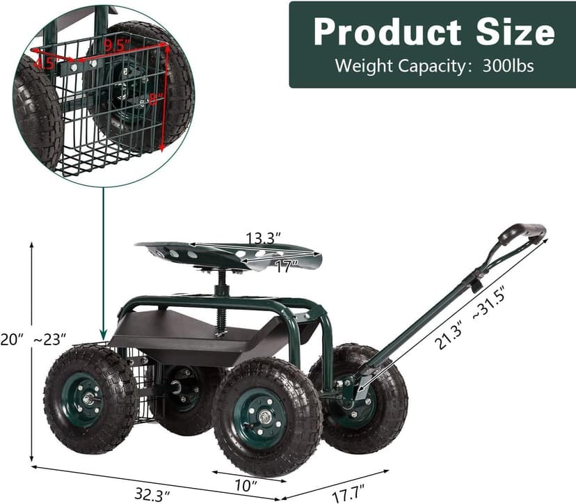 Peach Tree Garden Cart Rolling Work Seat with Tool Tray Heavy Duty Scooter Gardening Planting