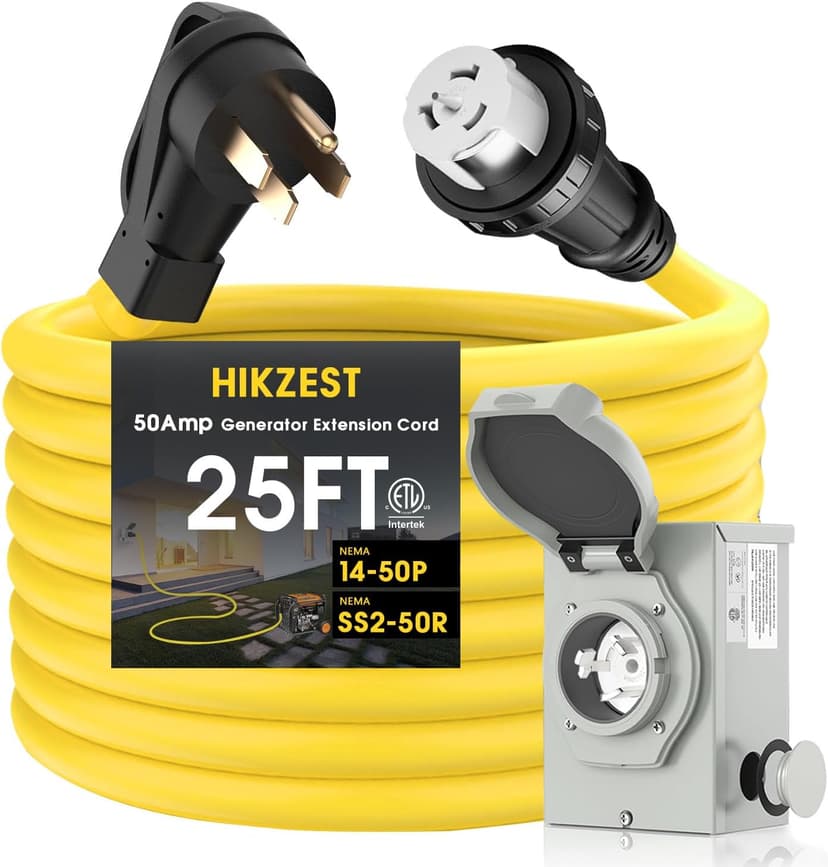 50 Amp Generator Cord and Power Inlet Box, Heavy Duty 25FT Generator Extension Cord, NEMA 14-50P to SS2-50R 125/250V Twist Locking with Pre-Drilled Inlet Box for Outdoor Emergency Kit