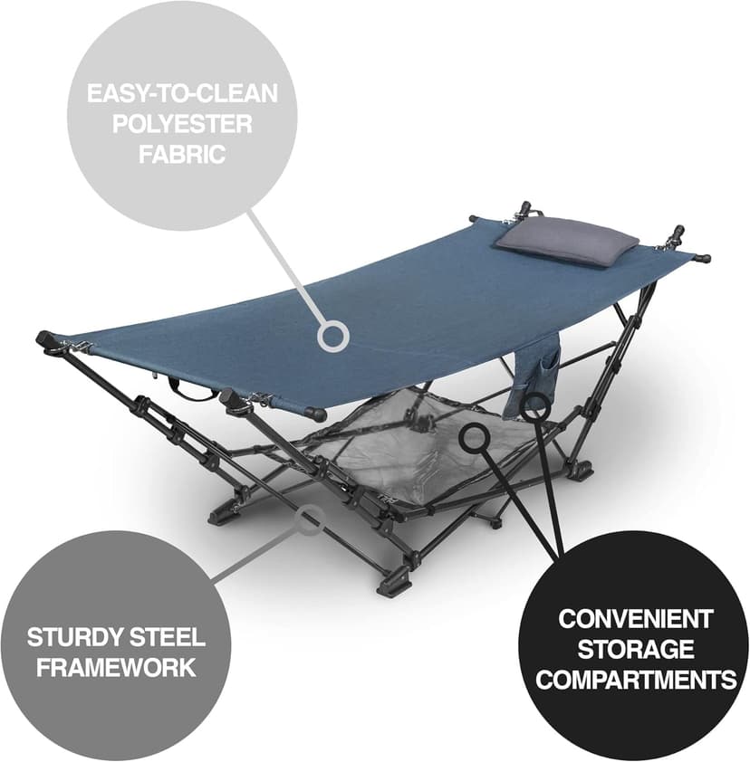 Zenithen Outdoor Patio Folding Collapsible Hammock with Sturdy Frame and Pillow, Perfect for Camping, Outdoor Recreation and as Patio Furniture, Blue (Pack of 1)