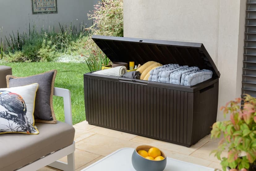 Keter Springwood 80 Gallon Resin Outdoor Storage Box for Patio Furniture Cushions and Garden Tools with Handles, Brown