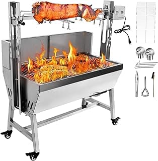 Stainless Steel Rotisserie Grill with Back Cover Guard, 25W Motor Small Pig Lamb Roaster, 37'' 2 in 1 BBQ Charcoal Rotisserie Grill for Camping Outdoor Kitchen