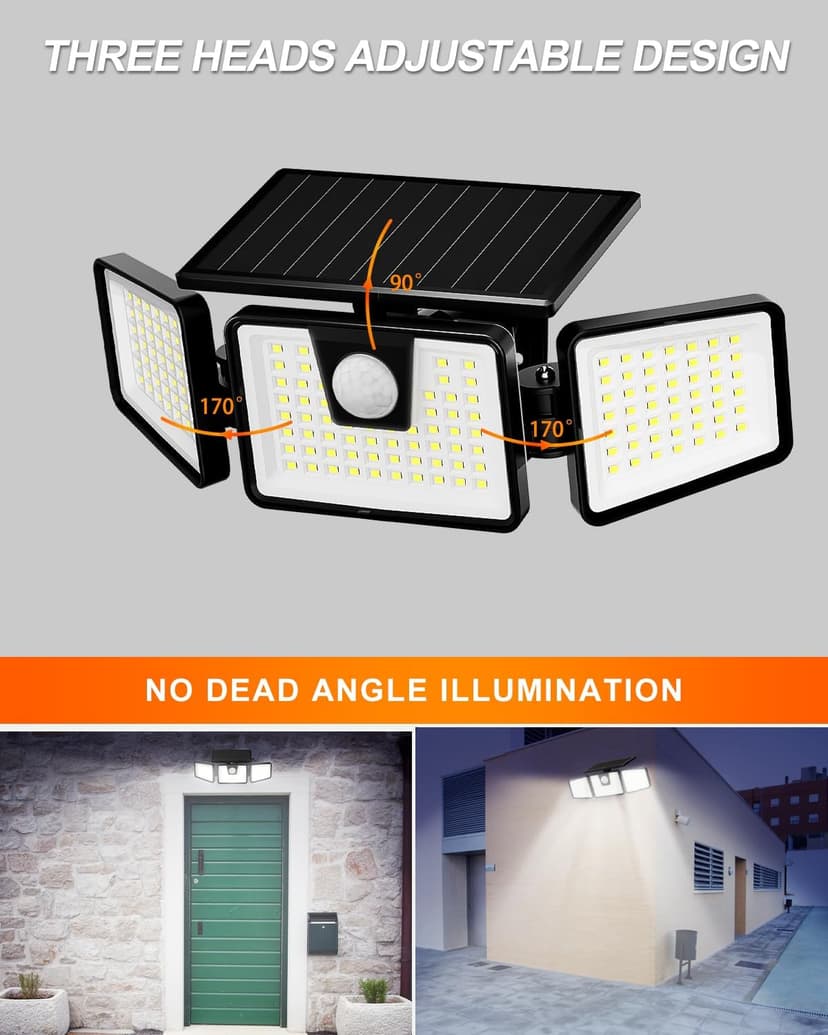 INCX Solar Lights Outdoor Waterproof, 3000 LM 156 LED Motion Sensor Outdoor Lights, 3 Heads Solar Powered Security Flood Light Motion Detected Spotlight for Patio Garage Yard Entryways, 2 Pack Black