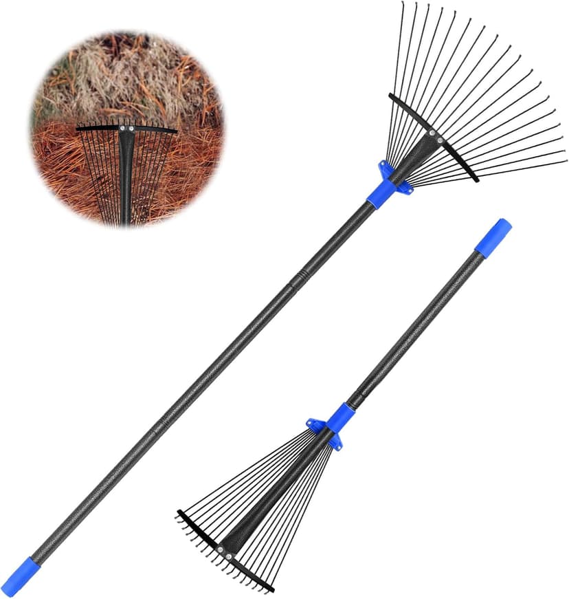 Garden Rake, Leaf Rake with Expandable Head from 9.5 inch to 17 inch, Collapsible Lawn Rakes with 53 Inch Adjustable Handle, Heavy Duty Metal Rakes for Lawn Yard, Flower Beds