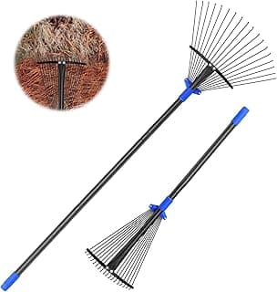 Garden Rake, Leaf Rake with Expandable Head from 9.5 inch to 17 inch, Collapsible Lawn Rakes with 53 Inch Adjustable Handle, Heavy Duty Metal Rakes for Lawn Yard, Flower Beds