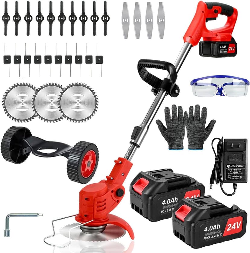 Weed Wacker Cordless,24v Electric Weed Eater Battery Powered,3 in 1 Lightweight Grass Trimmer with 2 4.0 Ah Batteries & Charger,Height Adjustable Wheeled Brush Cutte for Lawn Care,Garden,Yard (red)