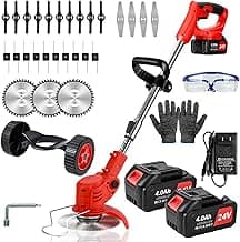Weed Wacker Cordless,24v Electric Weed Eater Battery Powered,3 in 1 Lightweight Grass Trimmer with 2 4.0 Ah Batteries & Charger,Height Adjustable Wheeled Brush Cutte for Lawn Care,Garden,Yard (red)