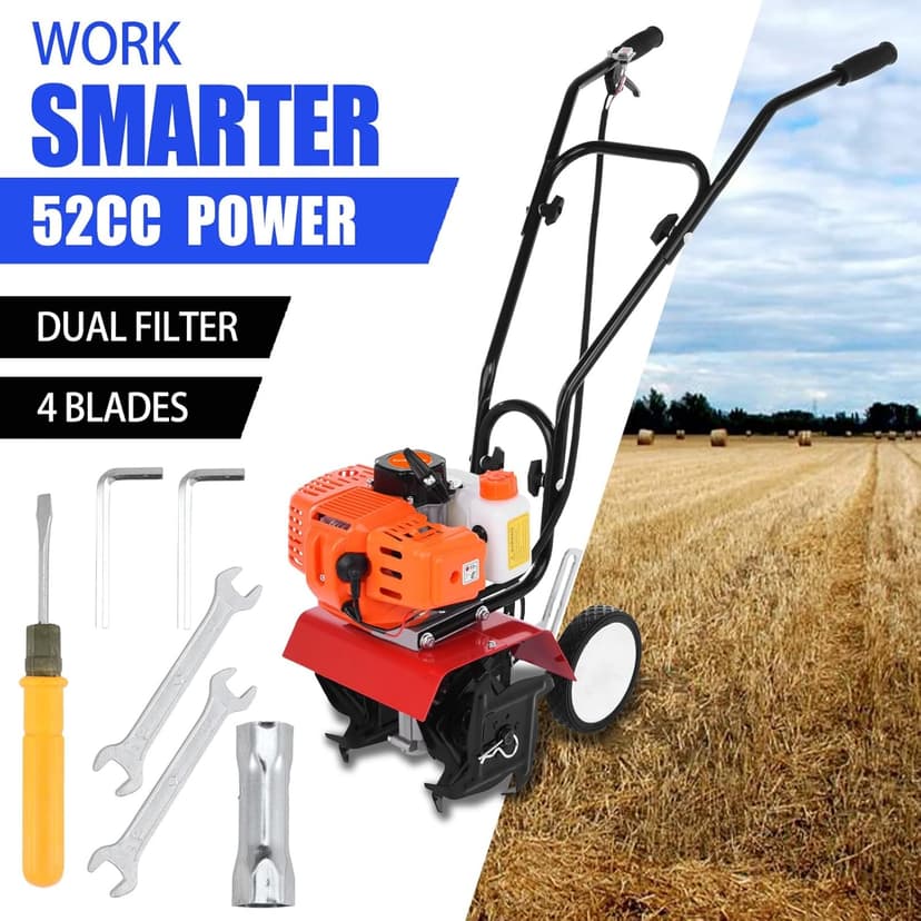 Garden Tiller Gas Powered,Garden Tiller,52cc 2 Stroke 9000RPM Cordless Tiller Cultivator,6-inch Depth Digging Petrol Cultivator 1.2L Fuel Tank Mini Tiller for Lawn Yard Soil Cultivation