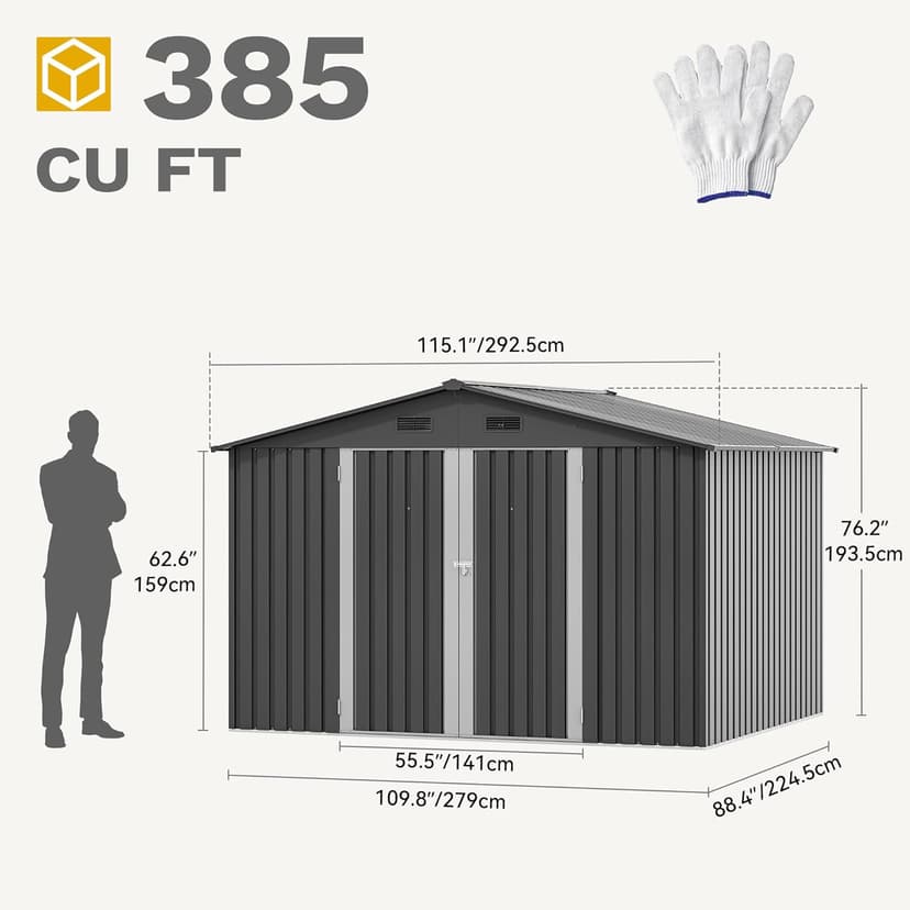 DWVO 10x8ft Metal Outdoor Storage Shed, Waterproof Tool Shed Heavy-Duty Storage Unit with Lockable Door and Vents, Ideal for Bicycles, Tools, Lawnmowers, Backyards, Patios, Lawns - Dark Gray