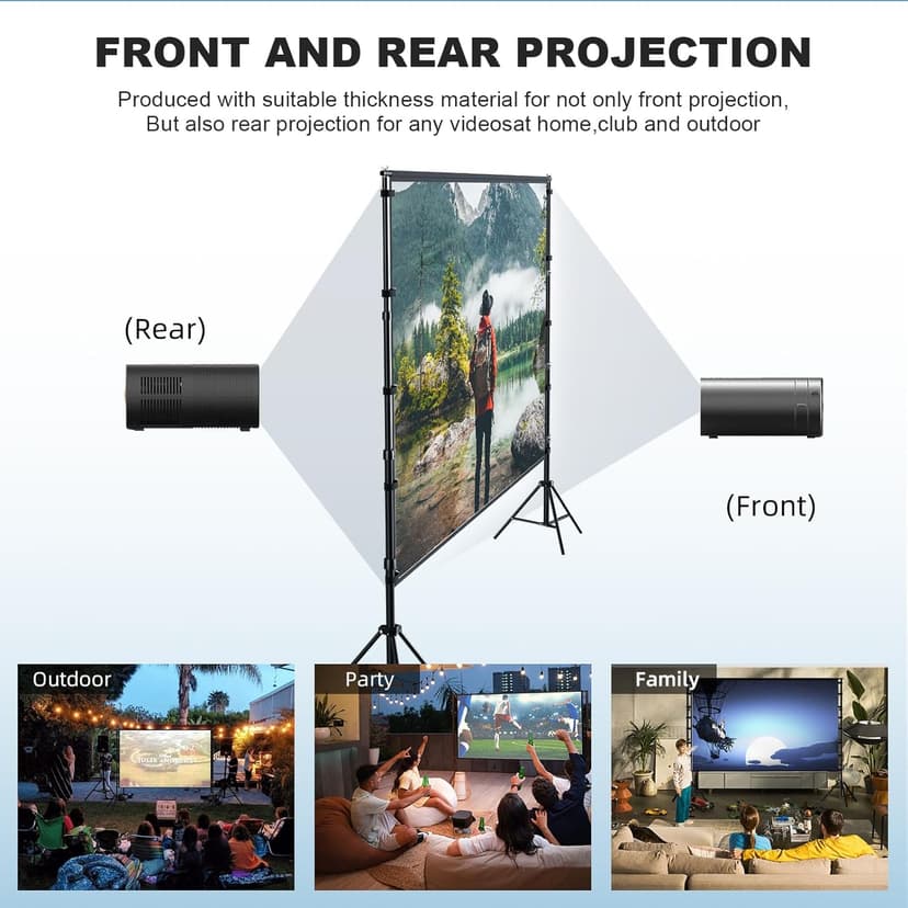 150"-Projector-Screen-with-Stand,HUANYINGBJB Outdoor Projection Screen, Portable 16:9 4K HD Rear Front Movie Screen with Carry Bag for Theater Backyard Movie Night,Cinema School, Churches, Parties