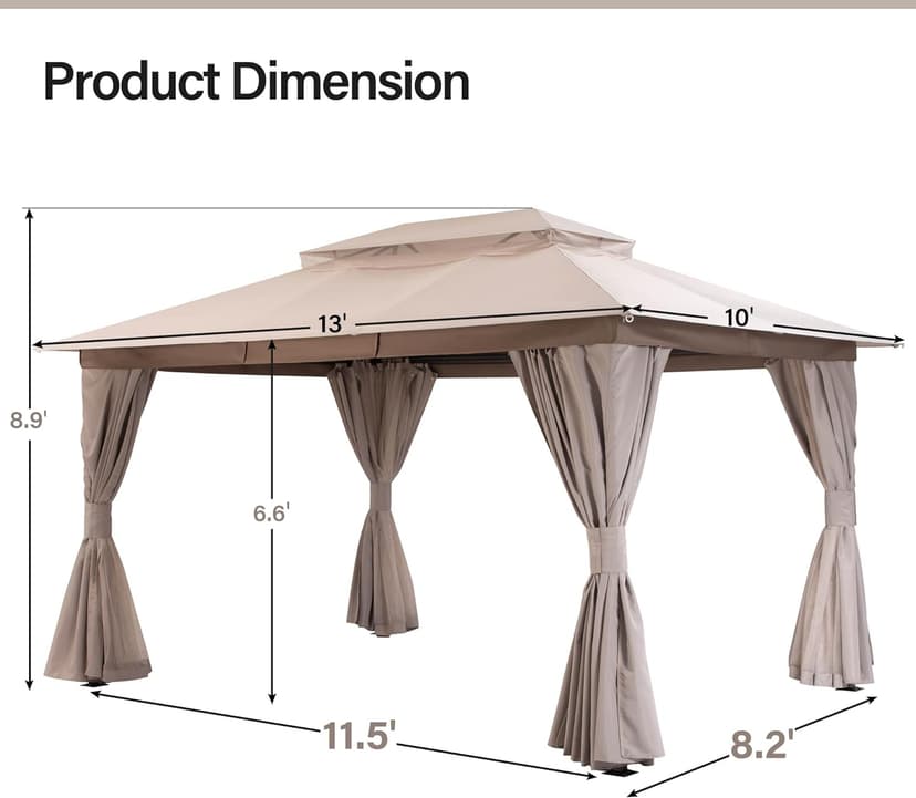 LAUSAINT HOME Outdoor Patio Gazebo 10'x13' with Expansion Bolts, Heavy Duty Gazebos Party Tent Shelter with Double Roofs, Mosquito Nets and Privacy Screens for Backyard, Garden, Lawn, Khaki