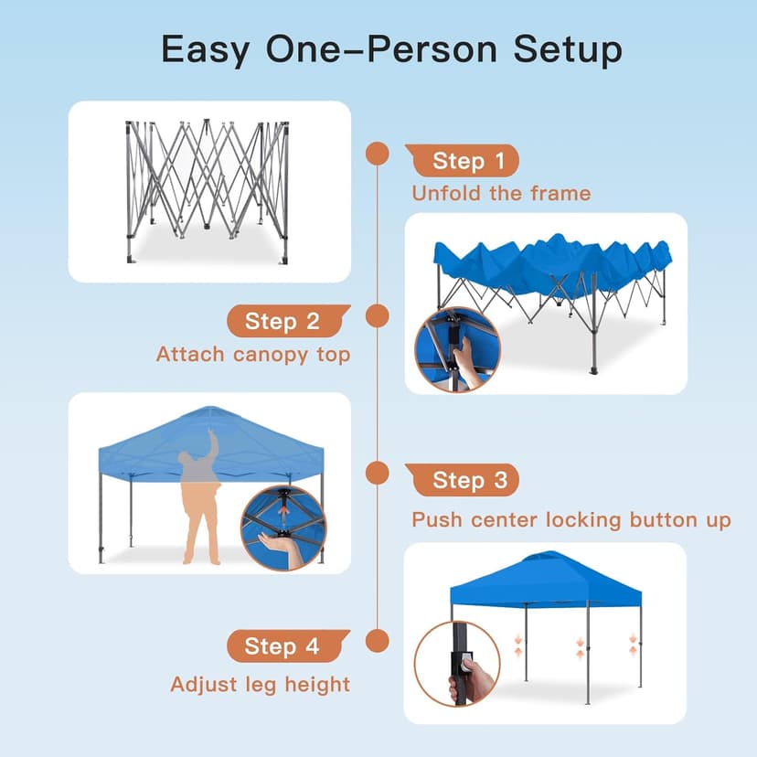 Amada 10x10ft 1-Person Setup Pop Up Canopy Tent - Easy Outdoor Sun Shade for Events, Parties, Camping, Gazebo with Wheel Cover Bag, Beach Tent with 3-Speed Adjustable Height,Blue