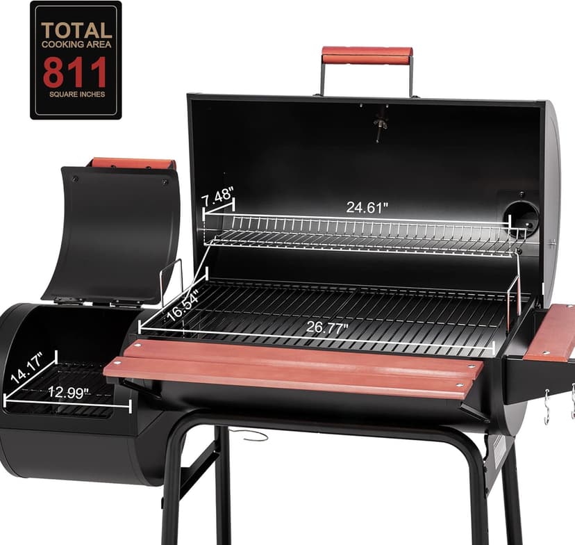 Royal Gourmet CC1830W 30-Inch Charcoal Grill with Offset Smoker and Wood-Painted Side Table, Outdoor Smoker Grill with 811 Sq. In. Cooking Area for Outdoor Barbecue Event, Black