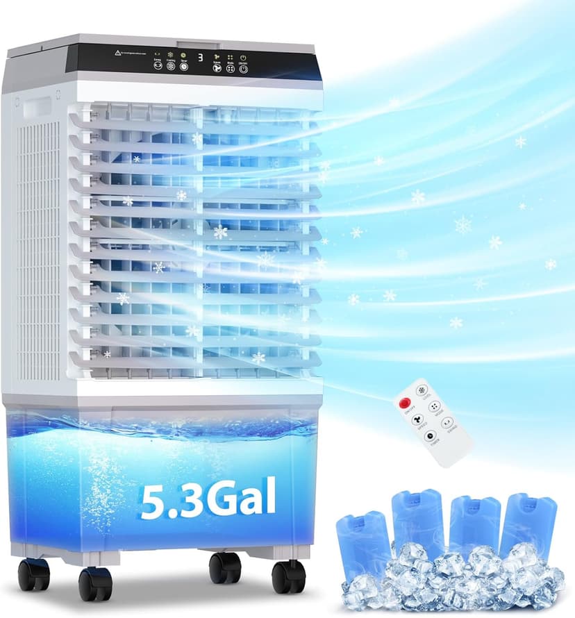 Evaporative Air Cooler, LifePlus 1800CFM Cooling Fan Tower Fan Swamp Cooler with Remote Control, 3 Speed Wind 5.3 Gallon Water Tank 4 Ice Boxes 12H Timer for Room Commercial Office