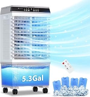 Evaporative Air Cooler, LifePlus 1800CFM Cooling Fan Tower Fan Swamp Cooler with Remote Control, 3 Speed Wind 5.3 Gallon Water Tank 4 Ice Boxes 12H Timer for Room Commercial Office
