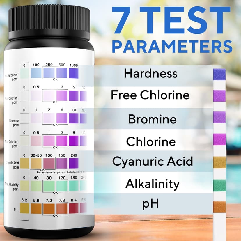 7-in-1 Accurate Pool Test Strips - 100 Hot Tub Spa Test Strips - Quick Pool Water Testing Kit - Bromine, pH, Hardness, Alkalinity, Chlorine & Cyanuric Acid - Perfect for Any Pools, Spa, Hot tubs