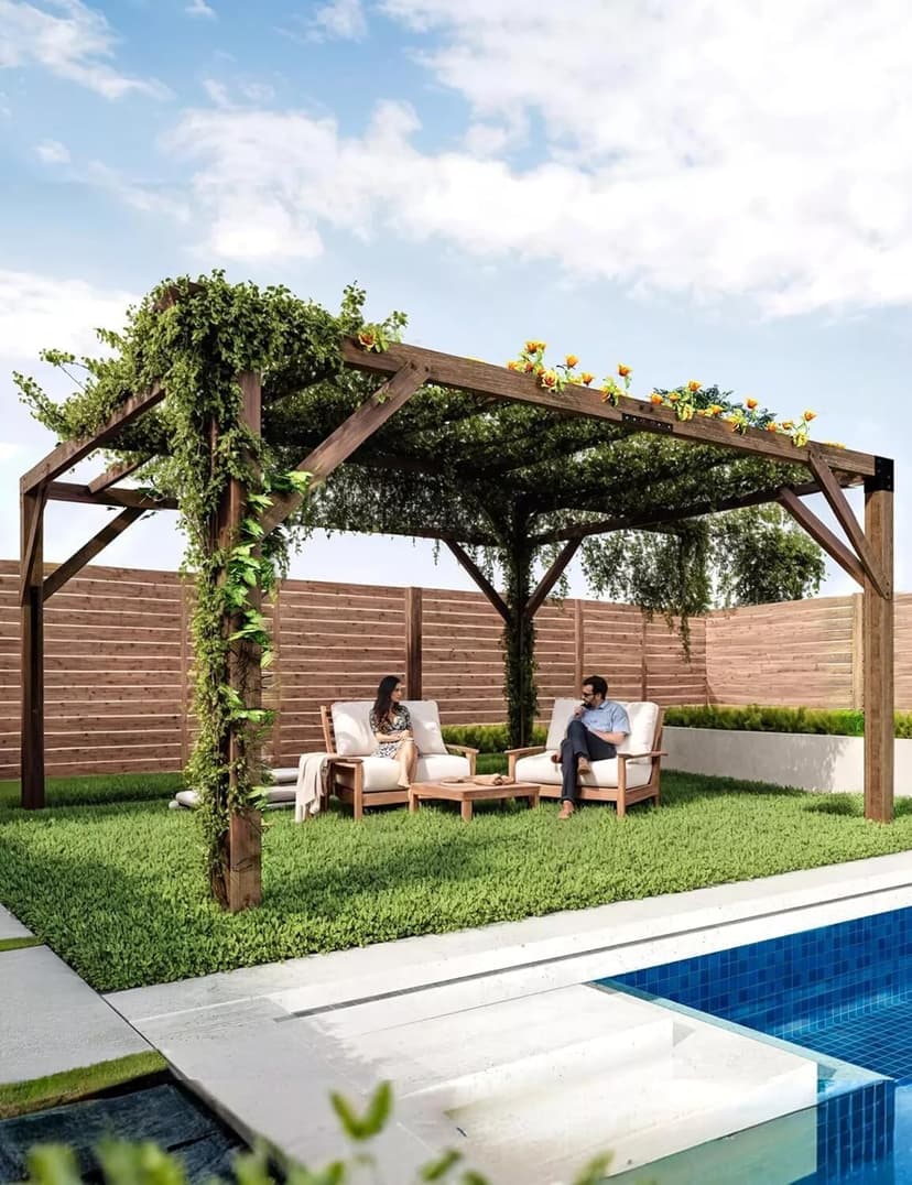 12'X 14' Cedar Wood Pergola,Wood Patio Pergola with Retractable Shade Canopy,All-Season Durability, High-Wind Rating,Shade for Outdoor Patio, Deck, Garden, and Entertaining