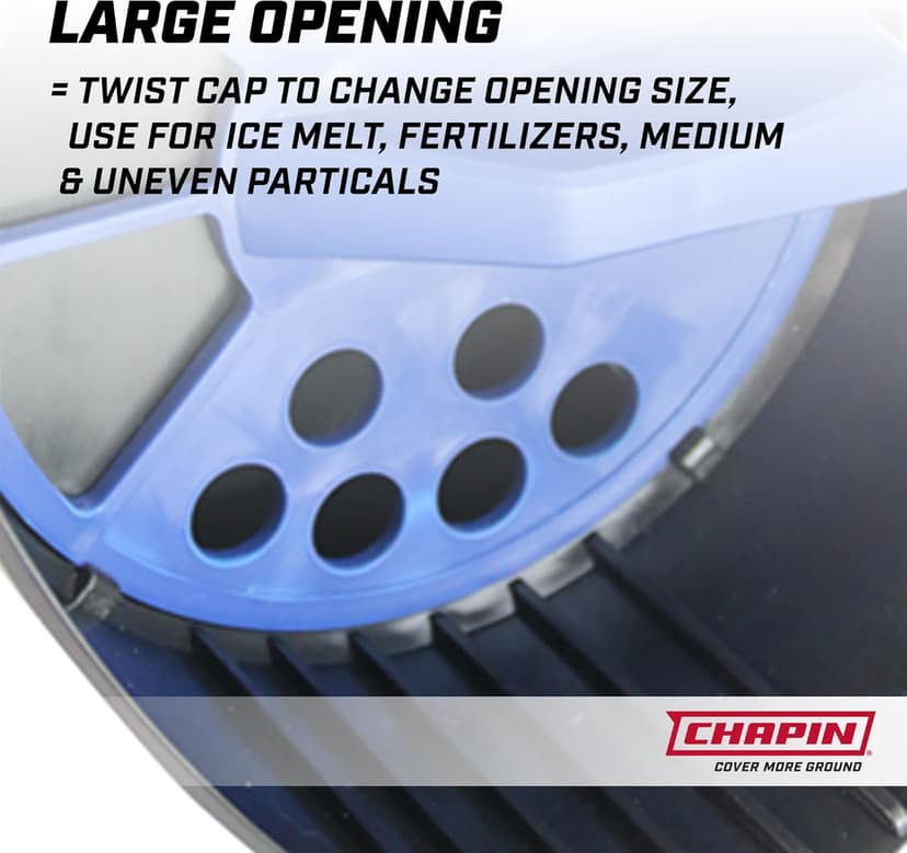 Chapin 8740A: 64-Ounce Black Poly Hand Shaker Spreader for Turf, Fertilizer, Grass Seed, Salt and Sand, Year-Round Use, Large Grip Handle with 3 Openings for Pellets and Particles